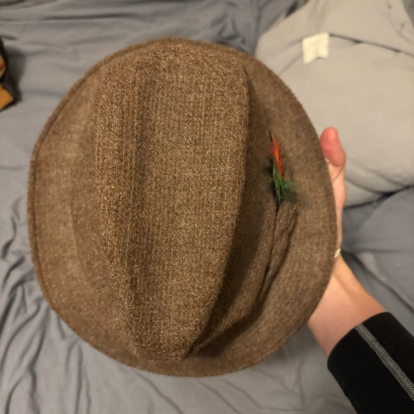Stetson Vintage Knox Fedora Brown Wool Tweed Hat Size 7 1/4 Red/green Feather - Picture 2 of 9